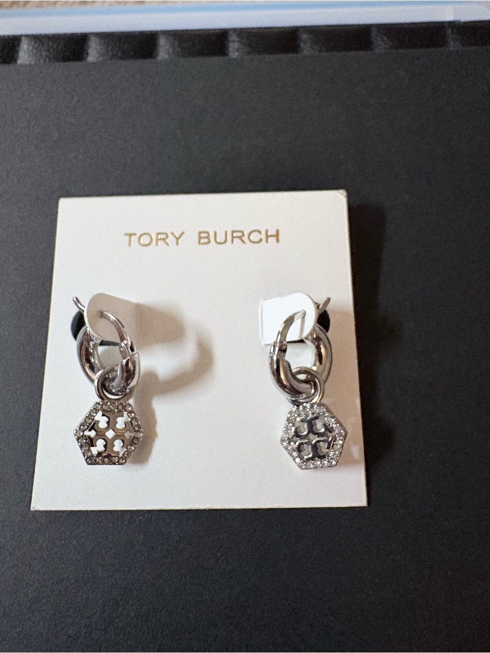 Tory Burch Silver Hexagon Logo Dangle Earrings with Hoop Links